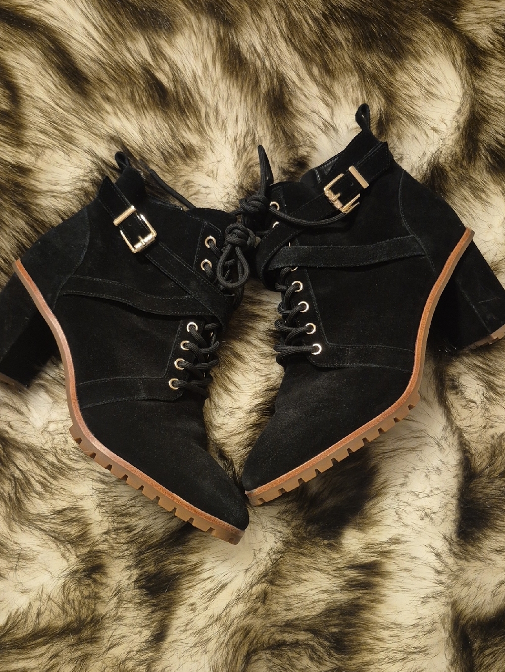 White House Black Market Black Suede Lace-Up Ankle Boots with Buckle Size 9.5